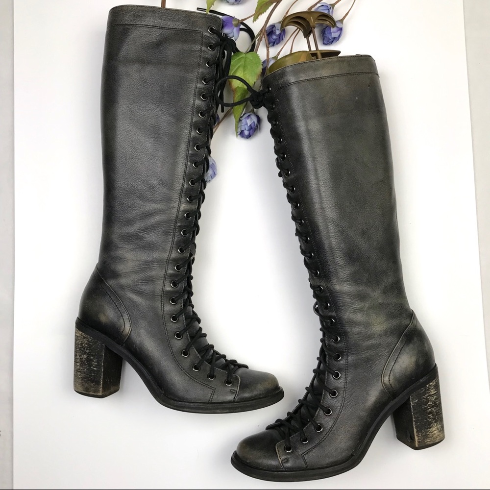 Jeffrey Campbell Black Lace-Up Knee-High Heeled Boots